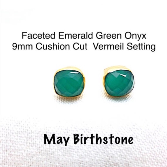 Emerald Green Onyx Faceted Studs, Gold, Square Bezeled, 22k Vermeil, NWT - Picture 2 of 4